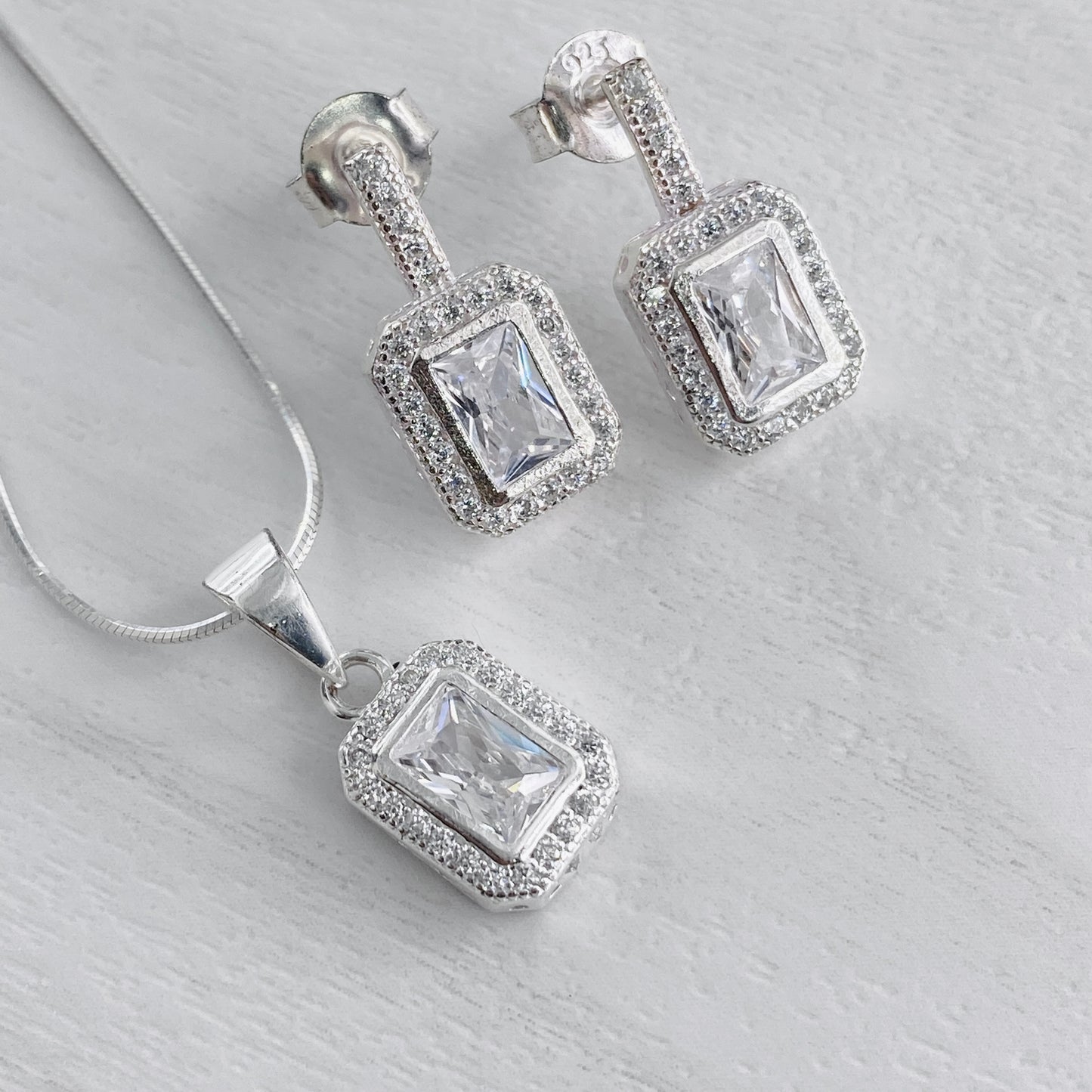 Baguette Halo Bar Stud & Pendant Set