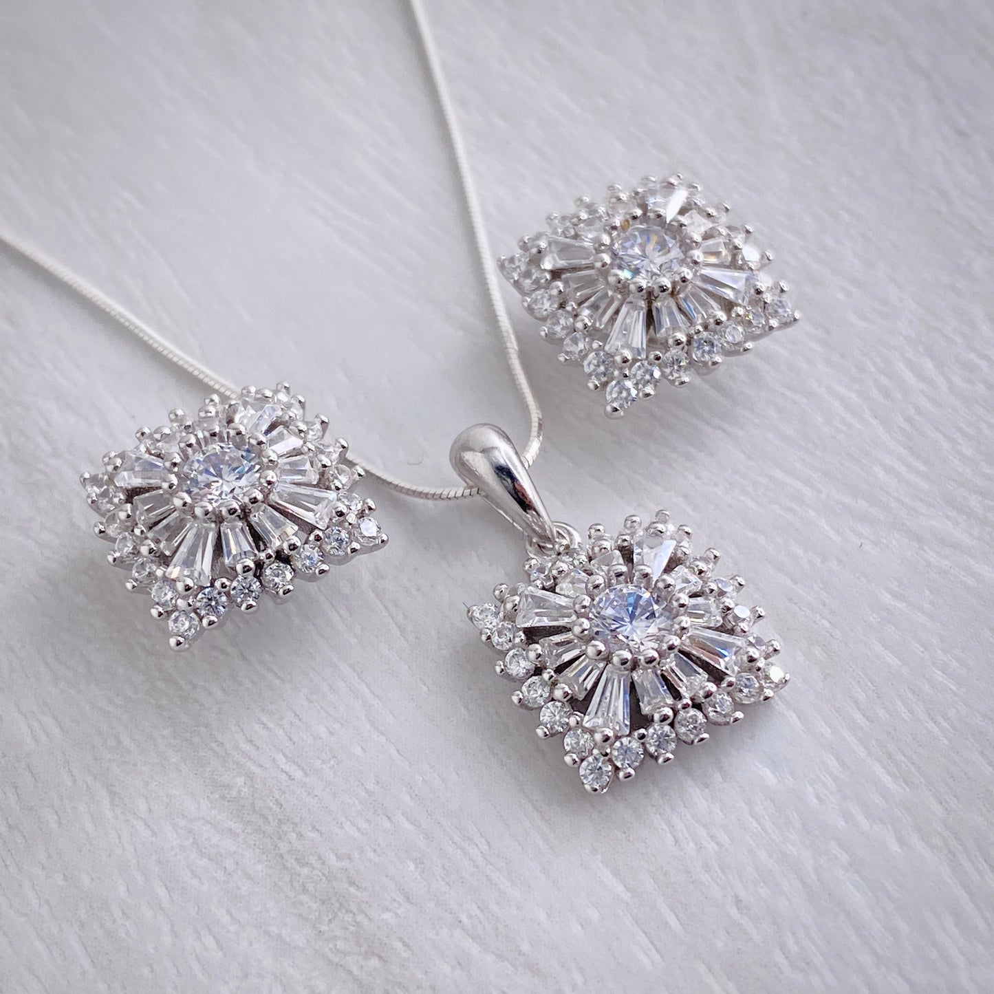 Square Baguette Halo Studs and Pendant Set