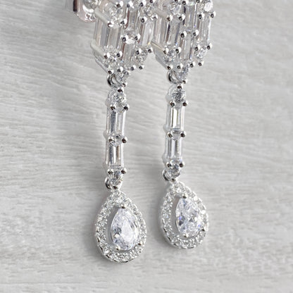 Long Baguette Halo Drop Dangle