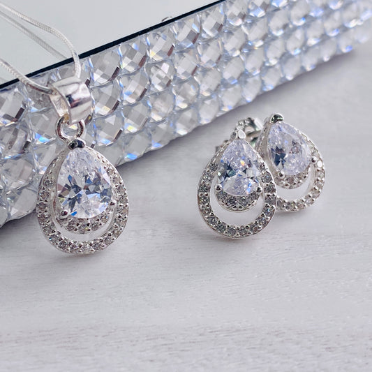 Divine Pear Halo Stud and Pendant Set