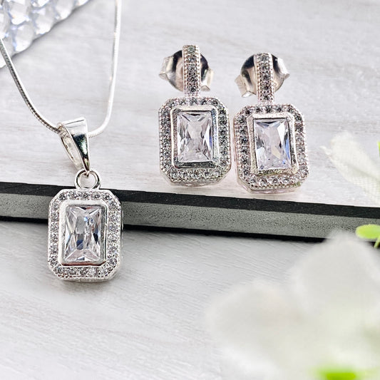 Baguette Halo Bar Stud & Pendant Set