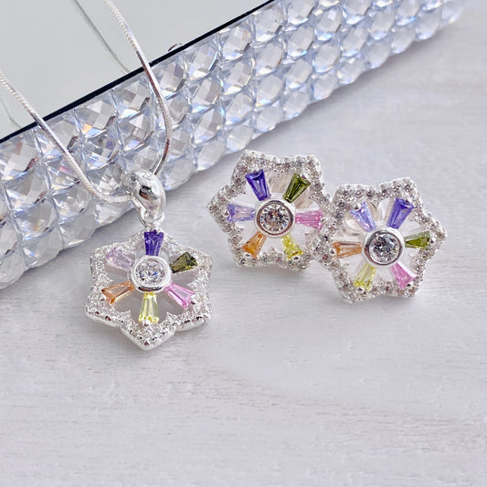 Multicolored Baguette Hexa Stud and Pendant